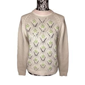 Open Knit High Collar Floral Granny Sweater Casual Everyday Grandma